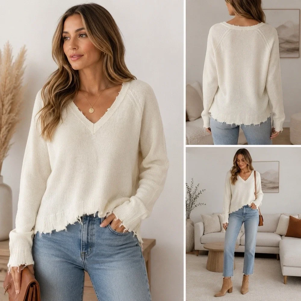 Minnie Rose 100% Cashmere Distressed V Neck Sweater Ivory Women's M Soft